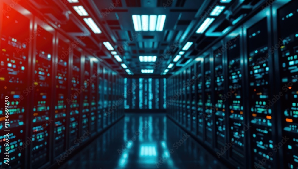 Aufkleber Rows of servers in modern data center illuminated with vibrant blue and red lights futuristic and technologically advanced atmosphere