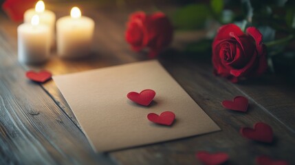 Romantic Setting with Candles, Roses, and Hearts