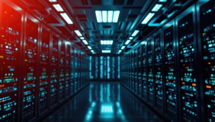 Rows of servers in modern data center illuminated with vibrant blue and red lights futuristic and technologically advanced atmosphere