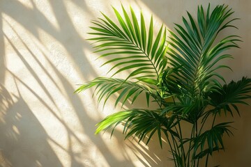 dramatic natural palm leaf shadows cast on textured white concrete wall creating abstract minimalist tropical pattern in sunlight