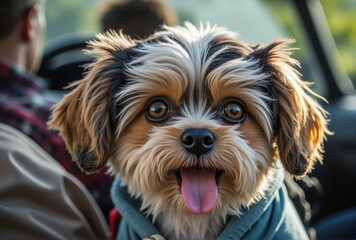 Small Brown, White, and Black Dog Wearing Teal Jacket