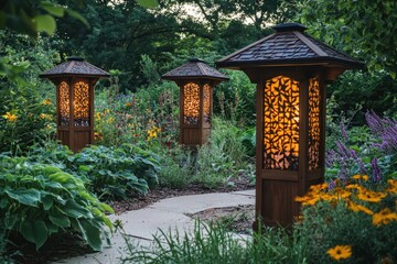 Solar-powered lanterns lighting up a garden, blending tradition with sustainability