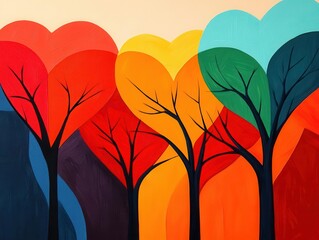 Layered acrylic art depicting a forest of heartshaped trees in warm, Valentineinspired colors