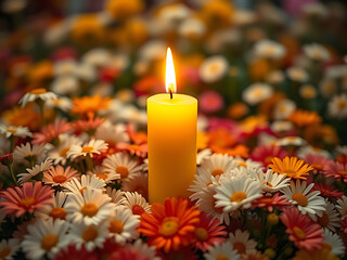 Serene Garden Setting with a Glowing Candle Surrounded by Vibrant Blossoms