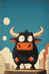 Cartoon Bull Standing in an Urban Setting