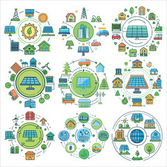 Illustrations of sustainable living featuring reusable products, solar panels, electric vehicles, and urban green spaces in eco-friendly settings.