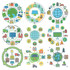 Illustrations of sustainable living featuring reusable products, solar panels, electric vehicles, and urban green spaces in eco-friendly settings.