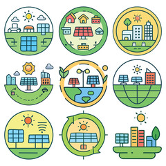 Illustrations of sustainable living featuring reusable products, solar panels, electric vehicles, and urban green spaces in eco-friendly settings.