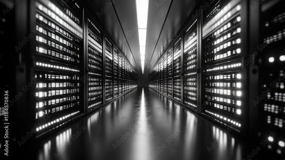 Poster futuristic data center with advanced computing and network infrastructure