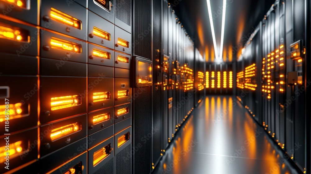 Poster glowing maze of interconnected servers and data center infrastructure