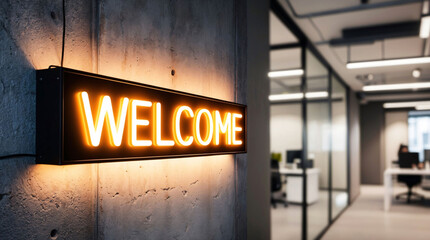 Neon Welcome sign hanging on wall at the entrance to modern office with open space. Onboarding of new employees, welcome to the team, new job