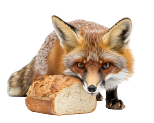 fox resting its head on loaf of bread, showcasing playful and curious expression. scene captures unique interaction between wildlife and food