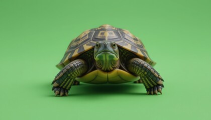 Close-up of a captivating tortoise against a vibrant green background.
