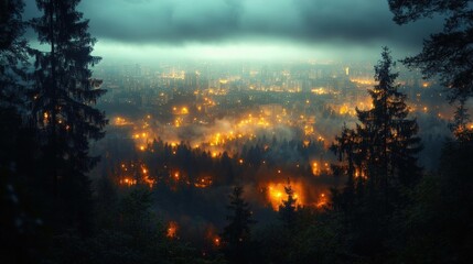 Fototapeta premium Night Cityscape from Hilltop with Fog and Mist