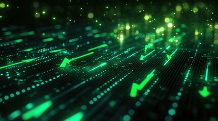 A close-up of a stock market screen showing green arrows and a growing financial graph, representing positive market trends.