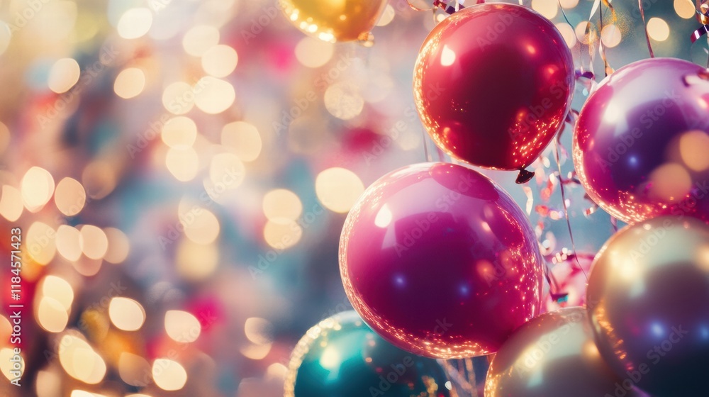 Poster colorful festive balloons and sparkling lights creating a joyful atmosphere for celebrations and gat