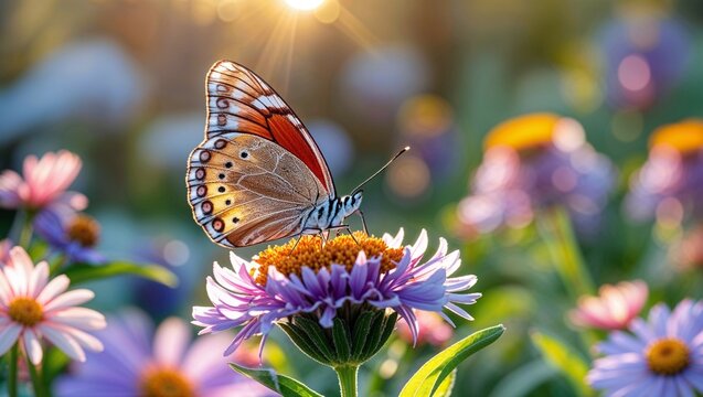 A colorful butterfly with orange wings rests on a yellow flower in a summer garden