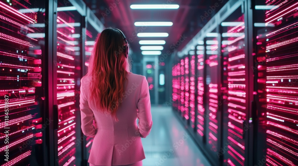 Poster futuristic data center with glowing red neon lights and server racks