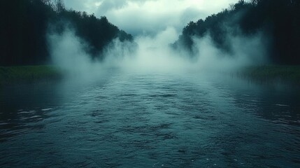 Naklejka premium Mysterious Fog Envelops a Serene River, Creating a Moody and Atmospheric Landscape