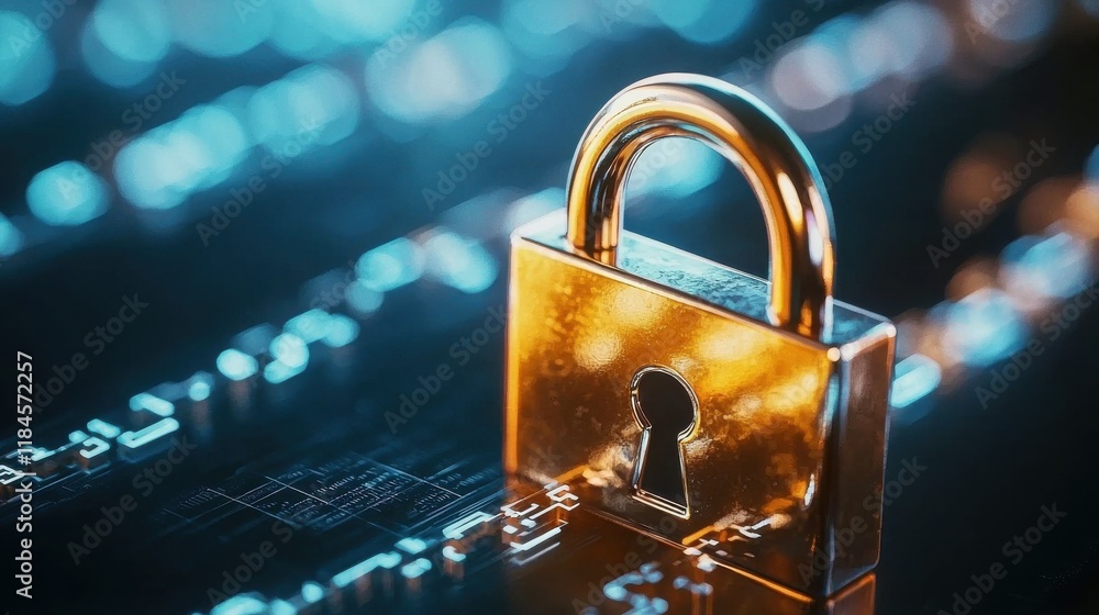 Poster shiny golden padlock on blurred dark background representing digital security and data protection