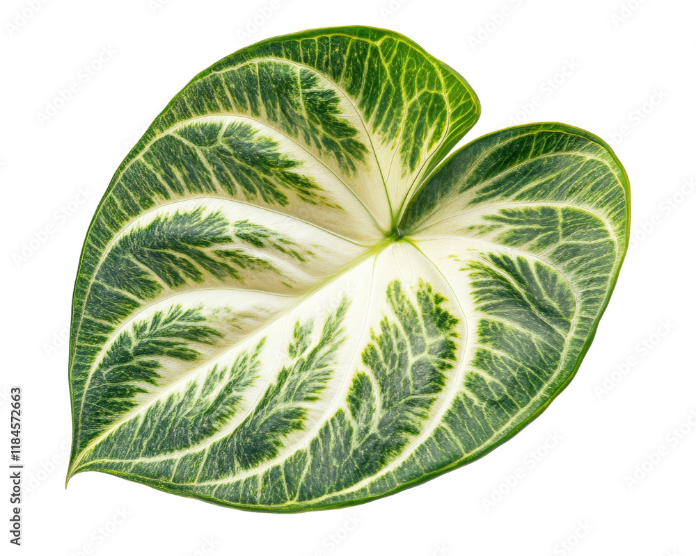 Poster vibrant green anthurium leaf with intricate patterns and textures, showcasing its unique heart shape