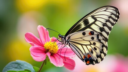 Naklejka premium A close-up shot of a butterfly's wings resting gently on a pink flower, with a blurred floral background.