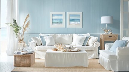 Obraz premium A coastal-inspired living room with light blue walls, white furniture, and nautical decor elements like seashells and driftwood.