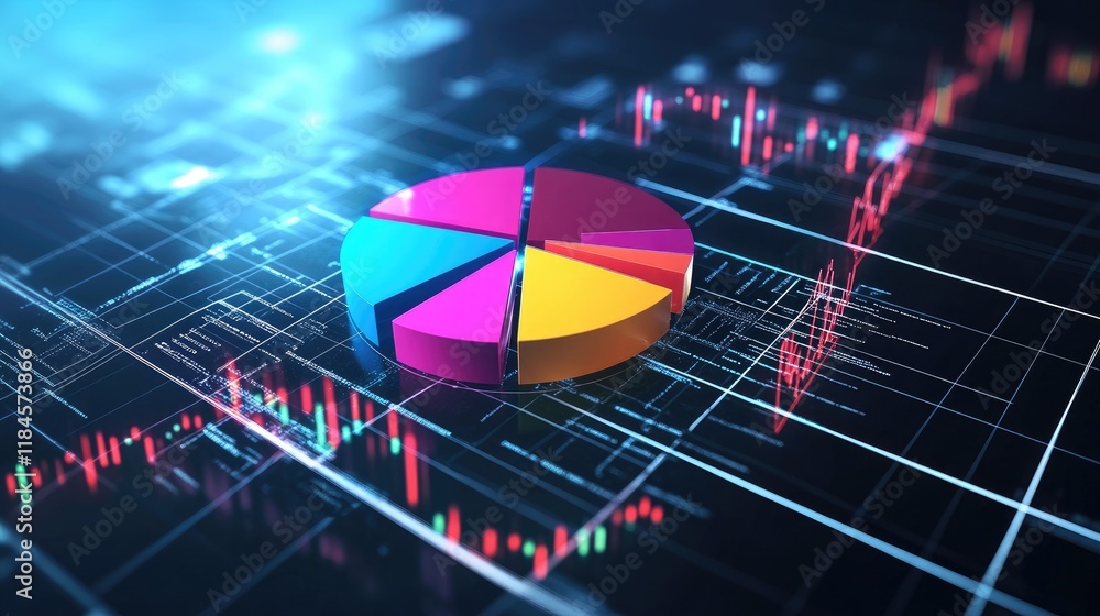 Poster a colorful pie chart with sections labeled and arrows pointing to key data points, floating above a 