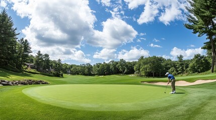 Wide-angle view of a golfer aiming a putt on a sloping green
