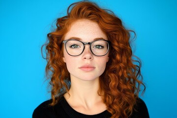 Obraz premium Close-up Portrait of a Woman with Red Curly Hair and Glasses against a Blue Background