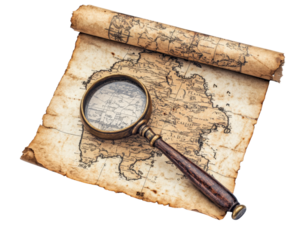 Ancient treasure map with magnifying glass, revealing hidden details. This vintage map showcases intricate designs and aged parchment, evoking sense of adventure and exploration