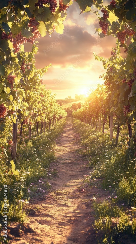 Poster vineyard bathed in golden hour light with lush grapevines and a tranquil pathway inviting exploratio