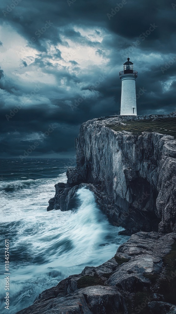 Poster lighthouse on a rocky cliff under dramatic storm clouds overlooking crashing waves at dusk