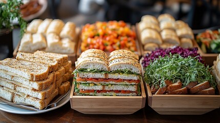 Delicious gourmet sandwiches, bread, and salads arranged on wooden trays for a buffet.
