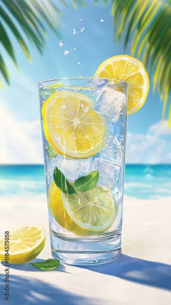 Poster close-up of sparkling water with lemon slices and ice on a sunny beach