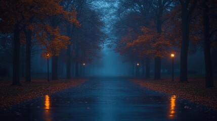 Obraz premium Mysterious Foggy Autumn Park Path at Dusk