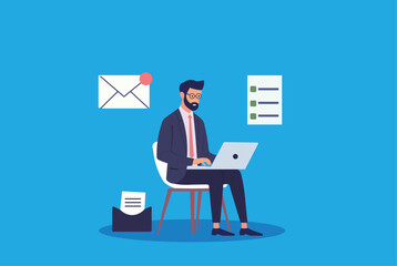 Email marketing campaign. Businessman sending promotional emails using laptop and mailing list software. Email marketing strategy,  customer communication, online marketing, digital marketing concept.