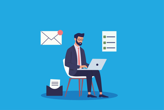 Email marketing campaign. Businessman sending promotional emails using laptop and mailing list software. Email marketing strategy,  customer communication, online marketing, digital marketing concept.