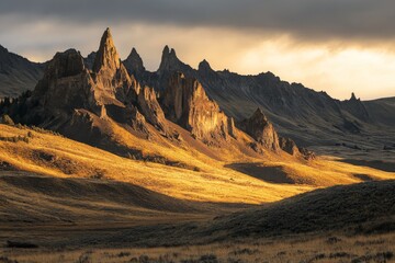 Sunset over jagged mountains with dramatic shadows and warm golden light, creating a cinematic view