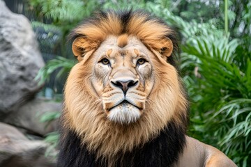 Naklejka premium Majestic Lion's Portrait: Wild Cat in Lush Greenery
