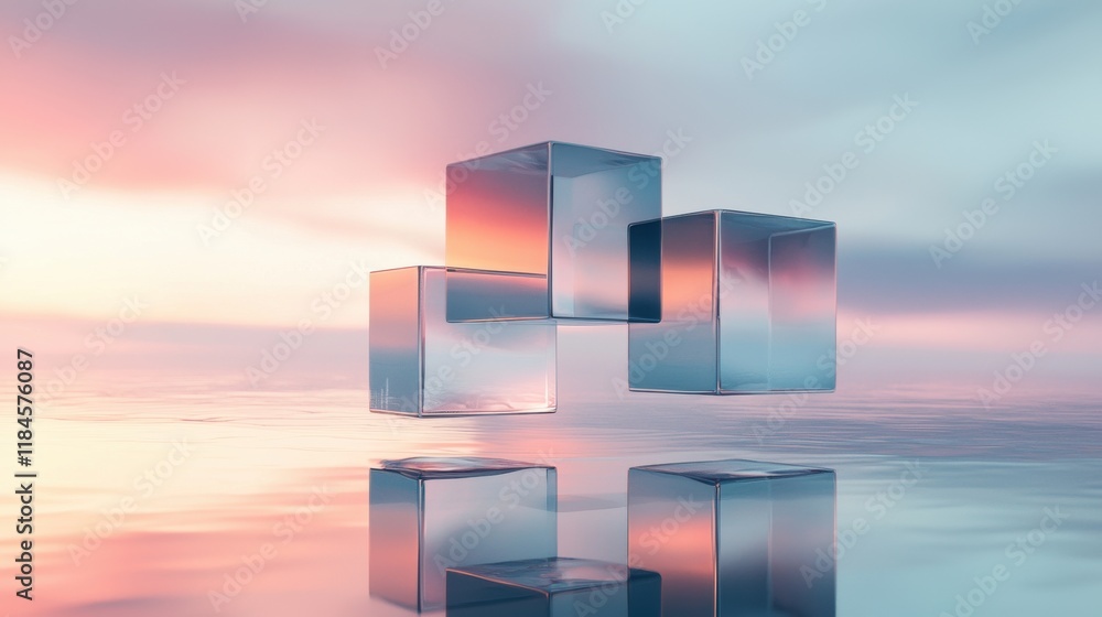 Poster mesmerizing mirrored cubic formations in serene sunset reflection