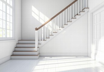 A white staircase with a wooden railing is in a large, empty room