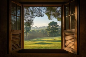 A window with a view of a green field and trees