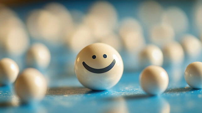 Smiley ball on a blue surface surrounded by white balls conveys joy and positivity in a playful setting