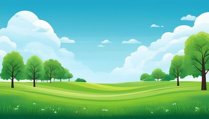 landscape summer green fields with grass trees white cloud and blue sky 