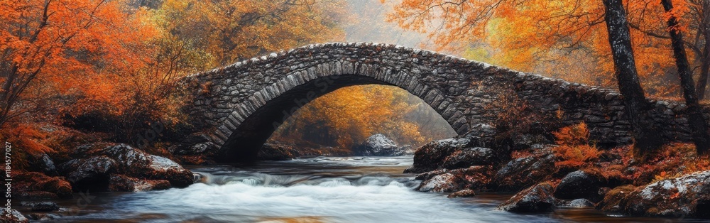 Poster cobblestone bridge over a flowing river surrounded by vibrant autumn foliage