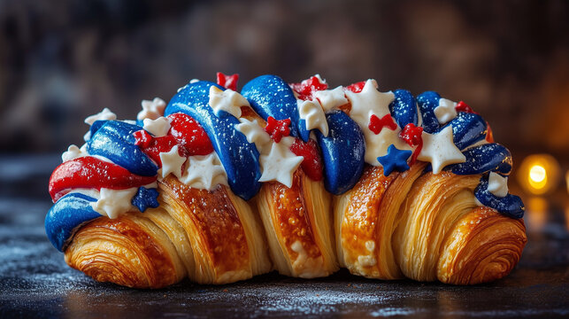 Decorated Croissant in Blue, white and red to celebrate Bastille Day, July 14, national day of France.National croissant day.