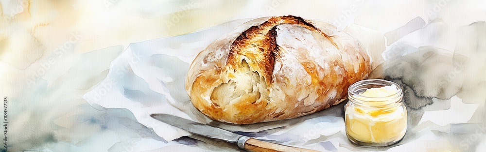 Poster close-up of rustic sourdough loaf with knife and jar of butter evokes comfort and warmth in artful w