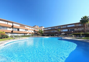 A large pool with a blue water surrounded by a building