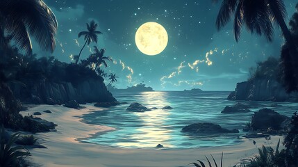 Tropical Beach Night Scene Under Full Moon Light